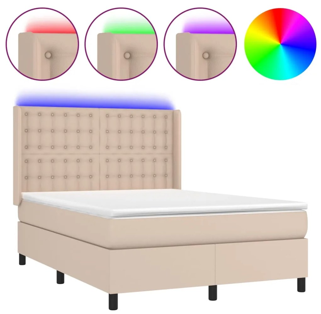 Κρεβάτι Boxspring Στρώμα&amp;LED Καπουτσίνο 140x190 εκ. Συνθ. Δέρμα - Καφέ