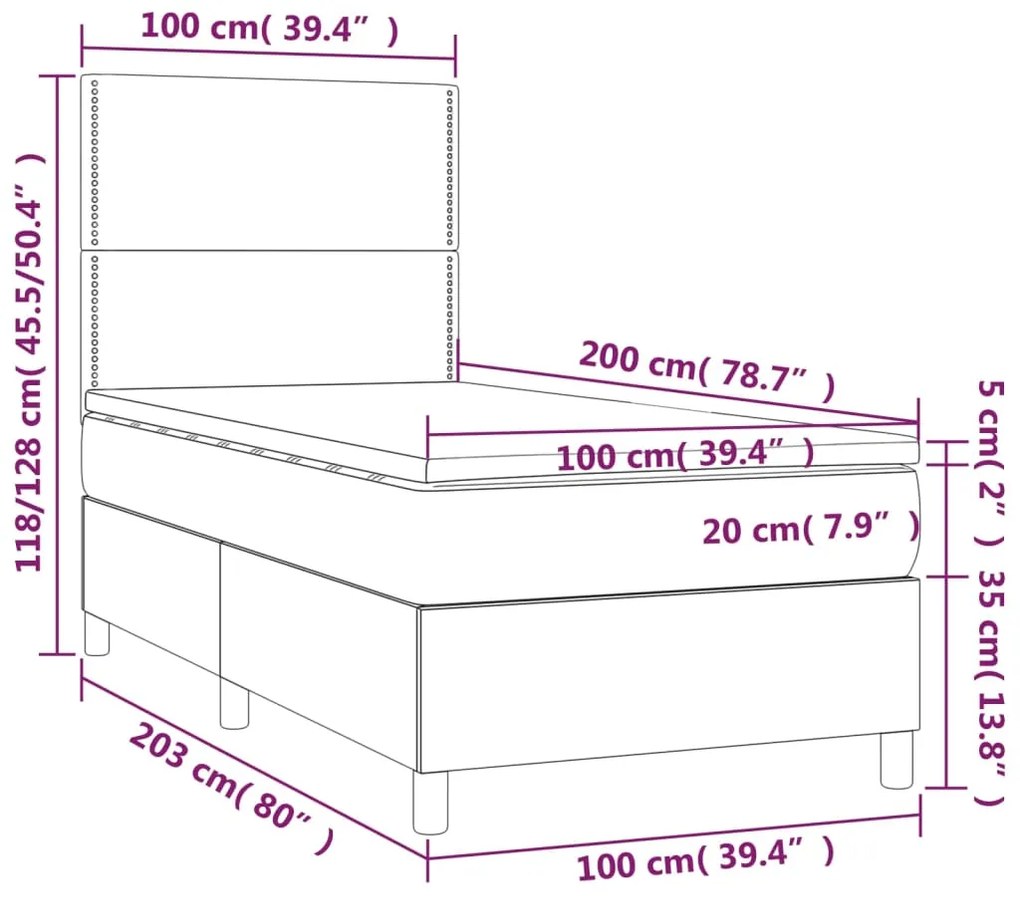 Κρεβάτι Boxspring με Στρώμα &amp; LED Taupe 100x200 εκ. Υφασμάτινο - Μπεζ-Γκρι