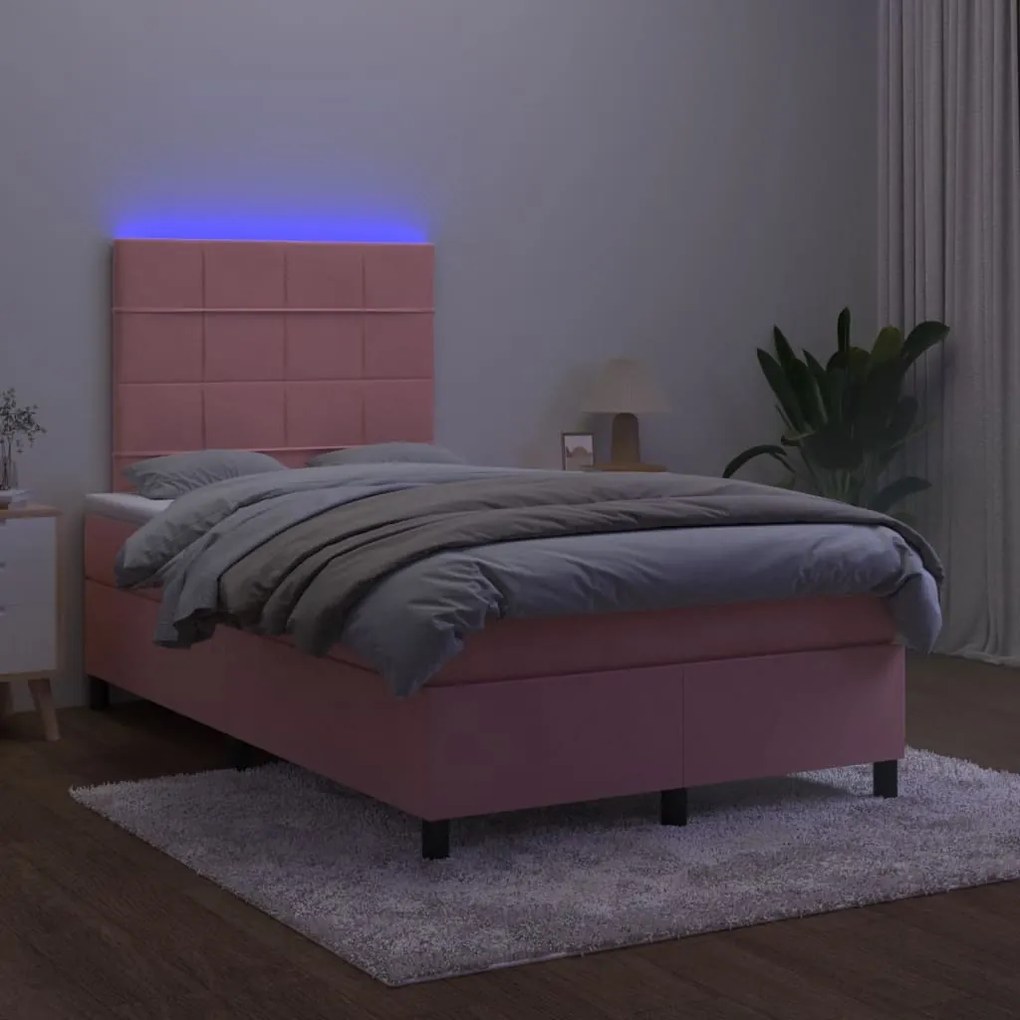 vidaXL Κρεβάτι Boxspring με Στρώμα & LED Ροζ 120x190 εκ. Βελούδινο