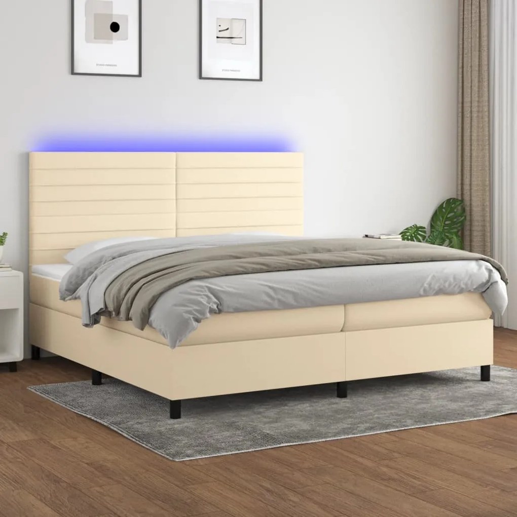 vidaXL Κρεβάτι Boxspring με Στρώμα & LED Κρεμ 200x200 εκ. Υφασμάτινο