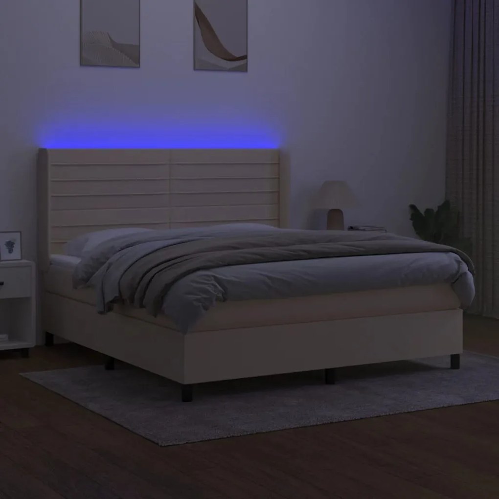 Κρεβάτι Boxspring με Στρώμα &amp; LED Κρεμ 160x200 εκ. Υφασμάτινο - Κρεμ