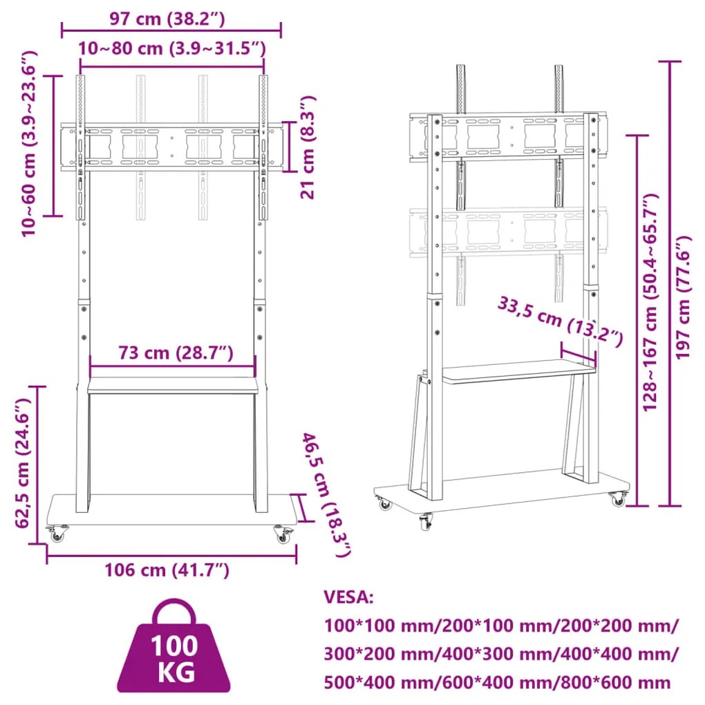 Βάση Τηλεόρασης με Τροχούς 32-90Ιν. Max VESA 800x600χιλ. 100κ. - Μαύρο