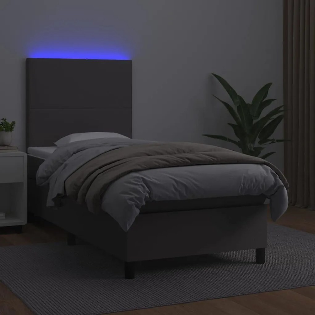 Κρεβάτι Boxspring με Στρώμα &amp; LED Γκρι 90x190 εκ. Συνθ. Δέρμα - Γκρι