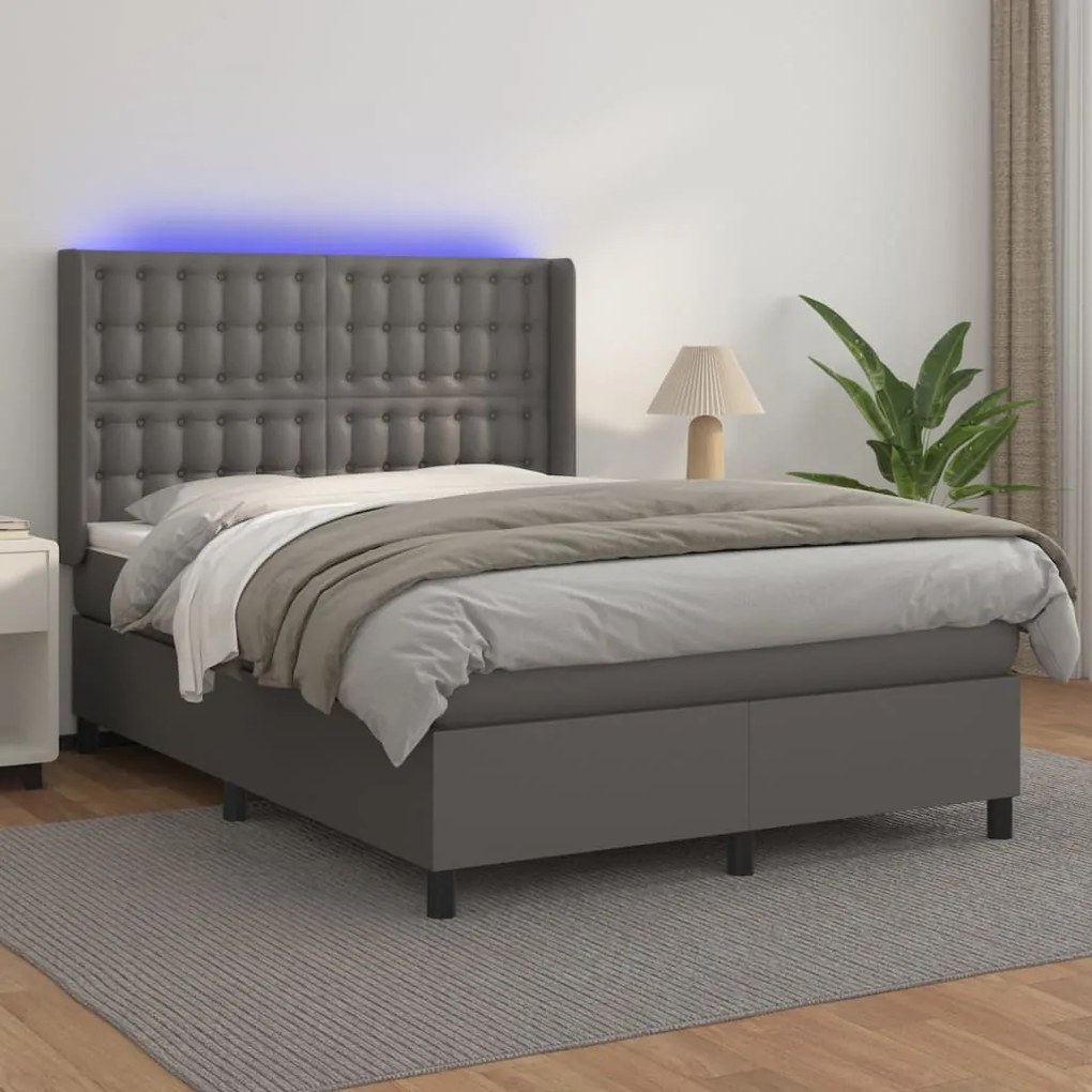 Κρεβάτι Boxspring με Στρώμα & LED Γκρι 140x200 εκ. Συνθ. Δέρμα