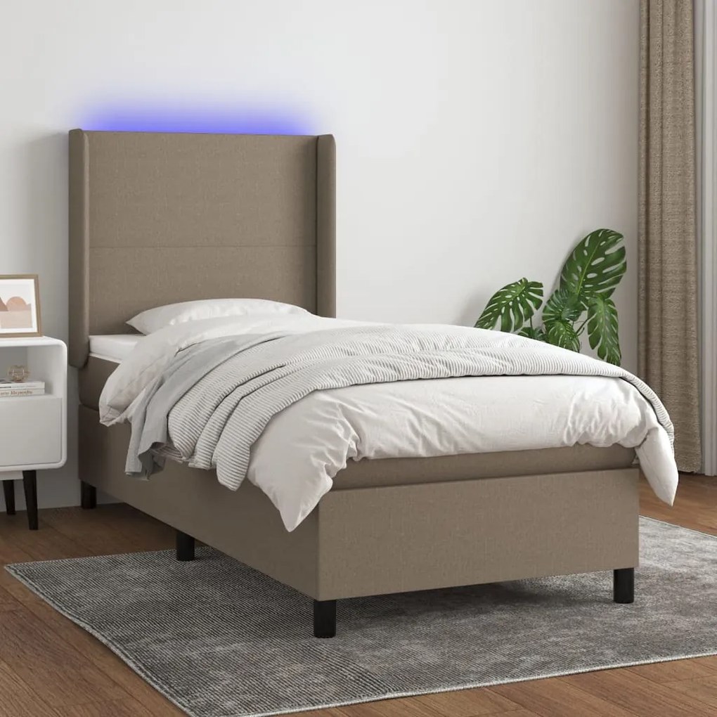 vidaXL Κρεβάτι Boxspring με Στρώμα & LED Taupe 90x200 εκ. Υφασμάτινο