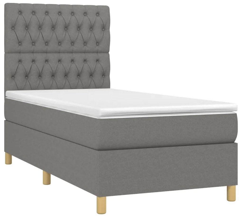 vidaXL Κρεβάτι Boxspring με Στρώμα & LED Σκ.Γκρι 90x200 εκ. Υφασμάτινο