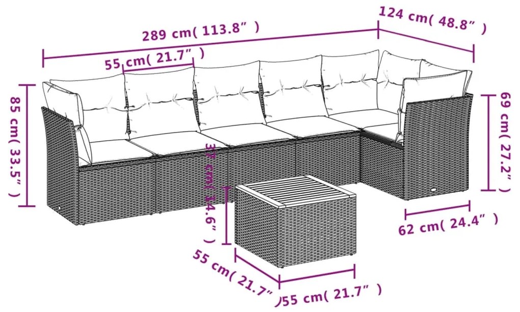 vidaXL Καναπές Σετ 7 Τεμαχίων Μαύρο Συνθετικό Ρατάν με Μαξιλάρια