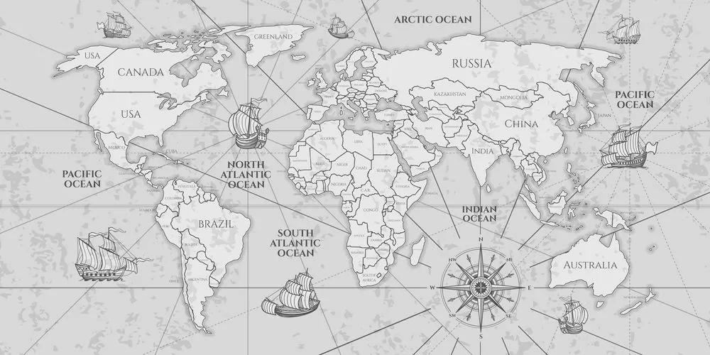 Εικόνα στον παγκόσμιο χάρτη από φελλό με βάρκες σε ασπρόμαυρο - 100x50  arrow