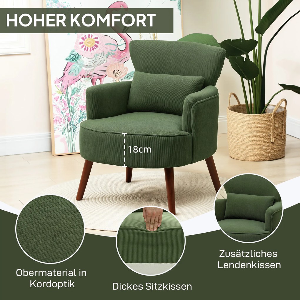 HOMCOM Μοντέρνα Πολυθρόνα, Ενισχυμένη Πολυθρόνα με Μαξιλάρι Οσφυϊκής Μοίρας, Πράσινο