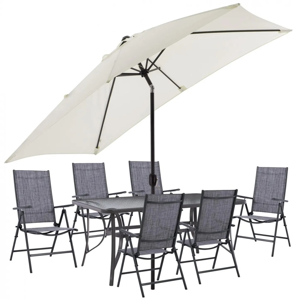 Σετ Κήπου Τραπεζαρία HM11480 8 τεμ Γκρί με Ομπρέλα Μπέζ &amp; Τραπέζι 150x90x75 εκ. με 6 Καρέκλες