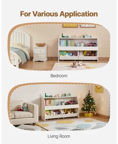 VEVOR Toy Storage Organizer, Wooden Kids Bookshelf with Storage, Toy Storage Cabinet with 2 Mobile Drawers, Kids Storage Organizer for Bedroom, Nursery, Living Room, Entryway, Preschool, White