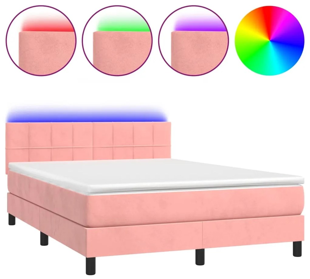 vidaXL Κρεβάτι Boxspring με Στρώμα & LED Ροζ 140x190 εκ. Βελούδινο