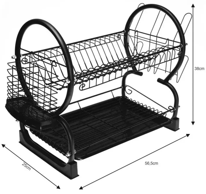 Προϊόν με ανοιχτή συσκευασία: Στεγνωτήριο πιάτων διαθέτει 2 επίπεδα Kinghoff KH 1500, 56,5 cm, Με δίσκο και θήκη για μαχαιροπίρουνα, Μαύρο