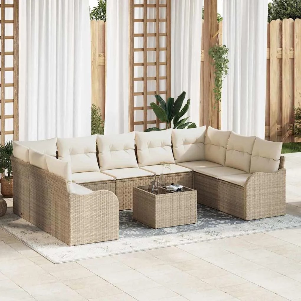 vidaXL Σετ Καναπέ Κήπου με μαξιλάρι 10 pcs Beige, λευκό Πολυ ράταν