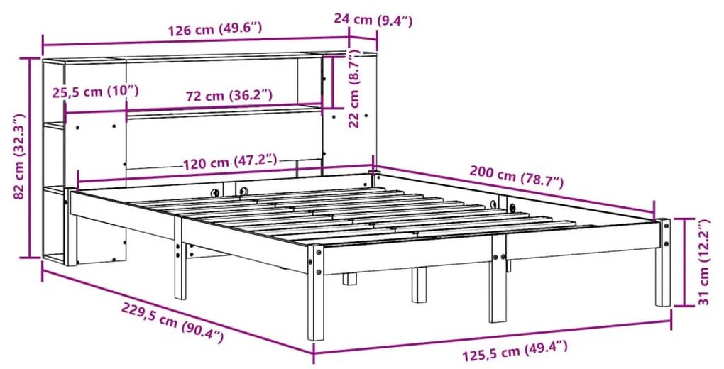 Κρεβάτι Βιβλιοθήκη Χωρίς Στρώμα 120x200 εκ Μασίφ Ξύλο Πεύκου - Καφέ