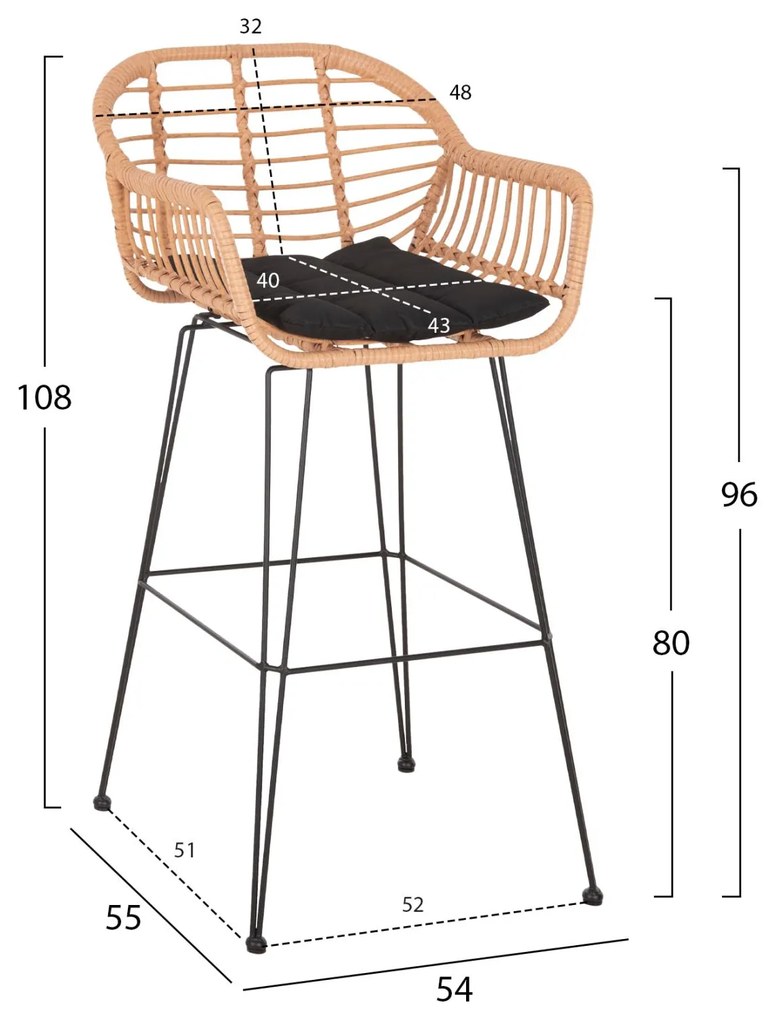 ΣΚΑΜΠΟ ΜΠΑΡ ΨΗΛΟ ALLEGRA  ΜΠΕΖ P.E. RATTAN-ΜΑΥΡΟ ΜΕΤΑΛΛΟ 54x55x108Υεκ. 54x55x108 εκ.