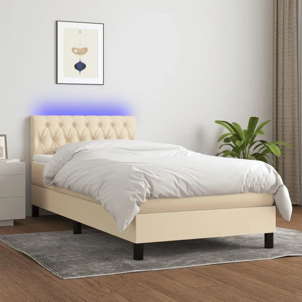 ΚΡΕΒΑΤΙ BOXSPRING ΜΕ ΣΤΡΩΜΑ &amp; LED ΚΡΕΜ 90X200 ΕΚ. ΥΦΑΣΜΑΤΙΝΟ 3133370