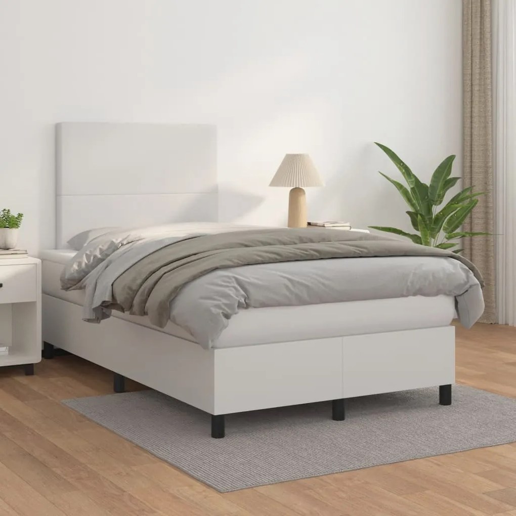 vidaXL Κρεβάτι Boxspring με Στρώμα Λευκό 120x190εκ.από Συνθετικό Δέρμα