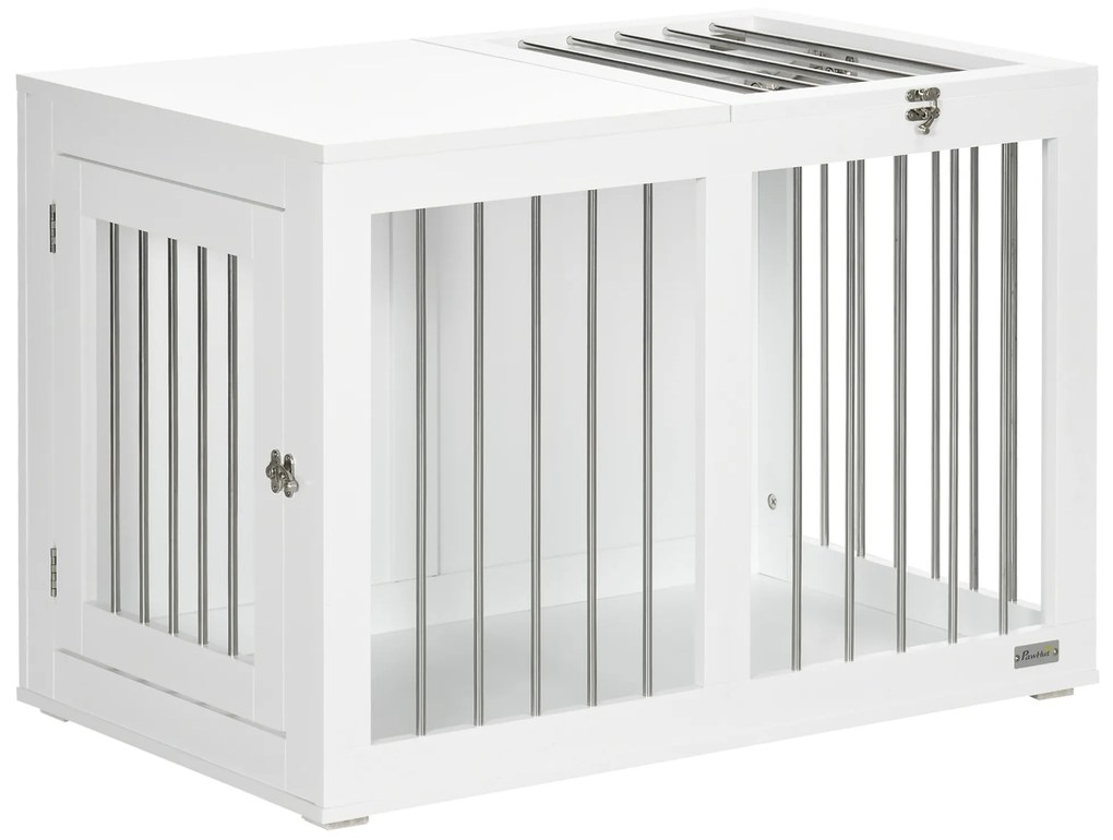 PawHut Κλουβί για σκύλους με 2 πόρτες, Κλουβί μεταφοράς σκύλων, Κλειδωμένο, Ατσάλινο πλέγμα, 80 x 50 x 56,5 cm, Λευκό + Ασημί