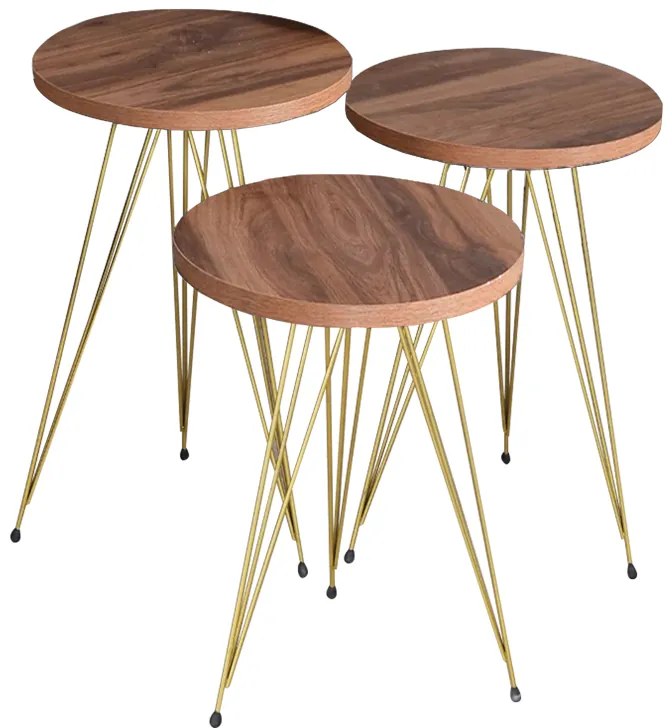 Βοηθητικά τραπέζια Wakmi pakoworld σετ 3τεμ φυσικό-πόδι χρυσό μέταλλο