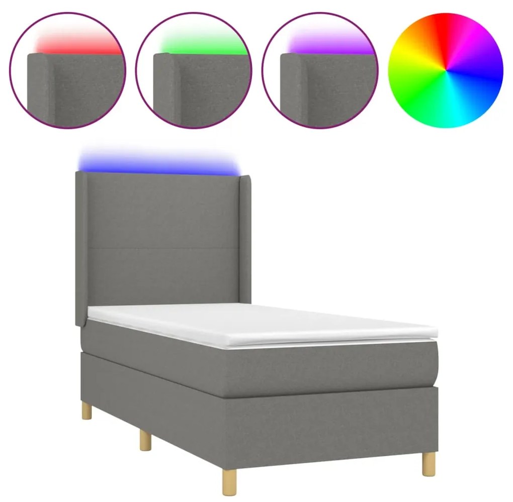 Κρεβάτι Boxspring με Στρώμα &amp; LED Σκ.Γκρι 80x200 εκ. Υφασμάτινο - Γκρι