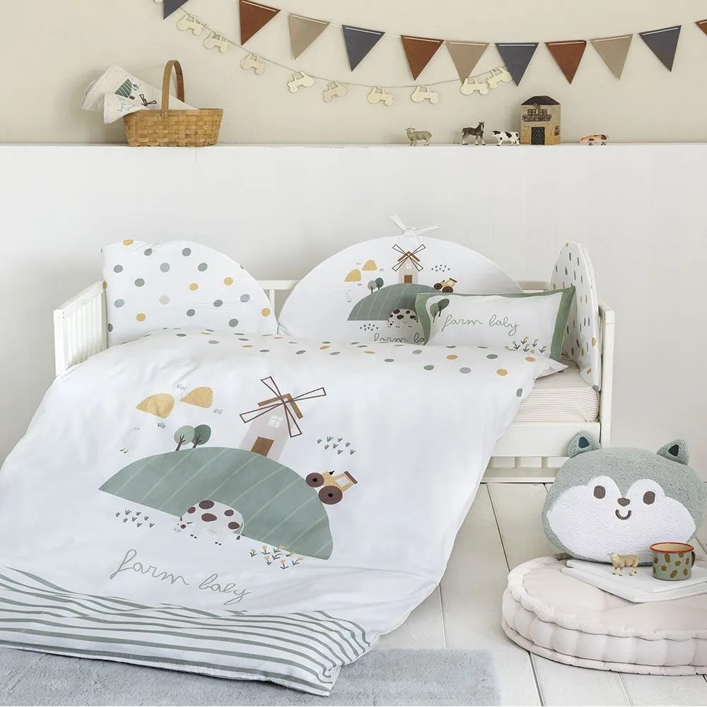 Κουβερλί Βρεφικό Farm Baby White-Mint Nima 100X140cm 100% Βαμβάκι