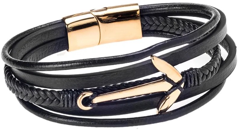 Βραχιόλι Senza Men&#039;s Steel Black Leather Strap Με Χρυσή Άγκυρα