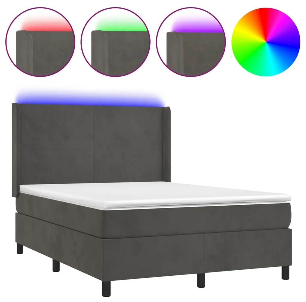 vidaXL Κρεβάτι Boxspring με Στρώμα & LED Σκ. Γκρι 140x190εκ. Βελούδινο