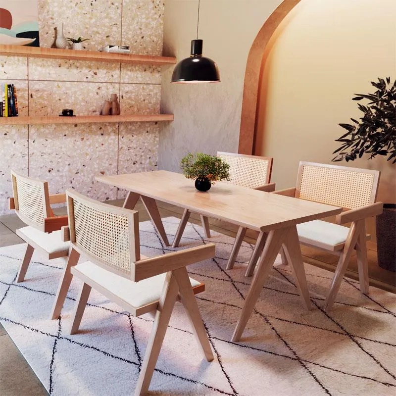 Καρέκλα - Πολυθρόνα Winslow ξύλο rubberwood ανοικτό καρυδί-pvc rattan φυσικό-ύφασμα γκρι 2αδα 52x56.7x77.6 εκ.