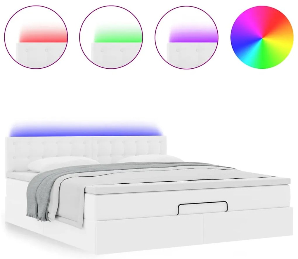 vidaXL Οθωμανικό κρεβάτι με στρώματα & LEDs Καθαρό λευκό Faux Leather