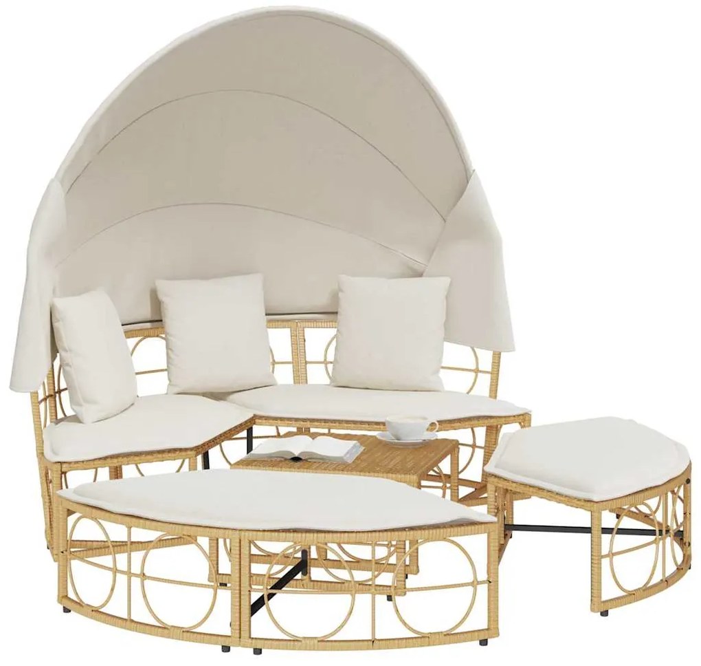 vidaXL Εξωτερική Lounge κρεβάτι με θόλο και μαξιλάρια Poly Rattan