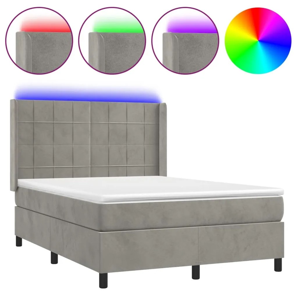 vidaXL Κρεβάτι Boxspring με Στρώμα & LED Αν.Γκρι 140x200 εκ. Βελούδινο