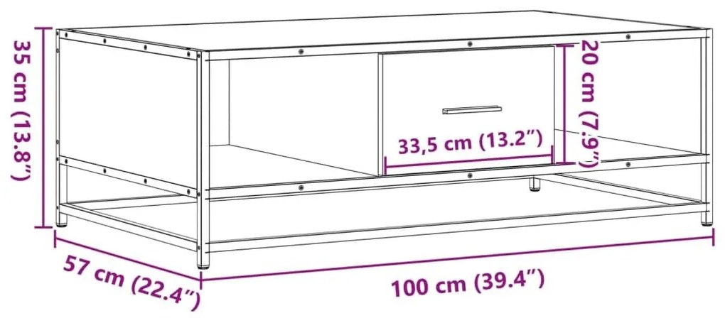 Τραπεζάκι Σαλονιού Sonoma Δρυς 100x57x35εκ Επεξ. Ξύλο + Μέταλλο - Καφέ