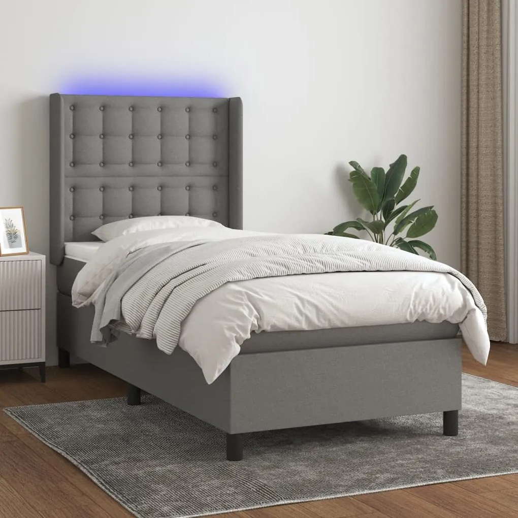 vidaXL Κρεβάτι Boxspring με Στρώμα & LED Σκ.Γκρι 90x200 εκ. Υφασμάτινο