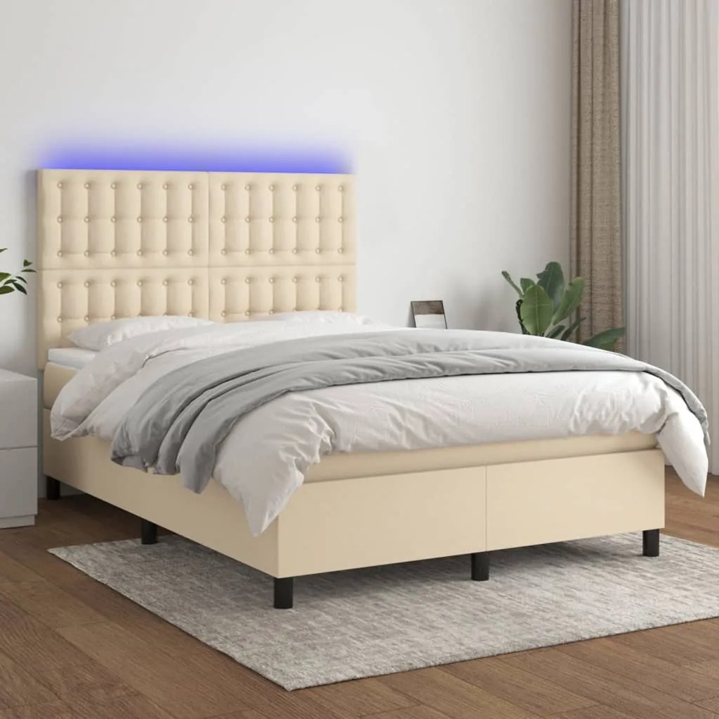 vidaXL Κρεβάτι Boxspring με Στρώμα &amp; LED Κρεμ 140x200 εκ. Υφασμάτινο