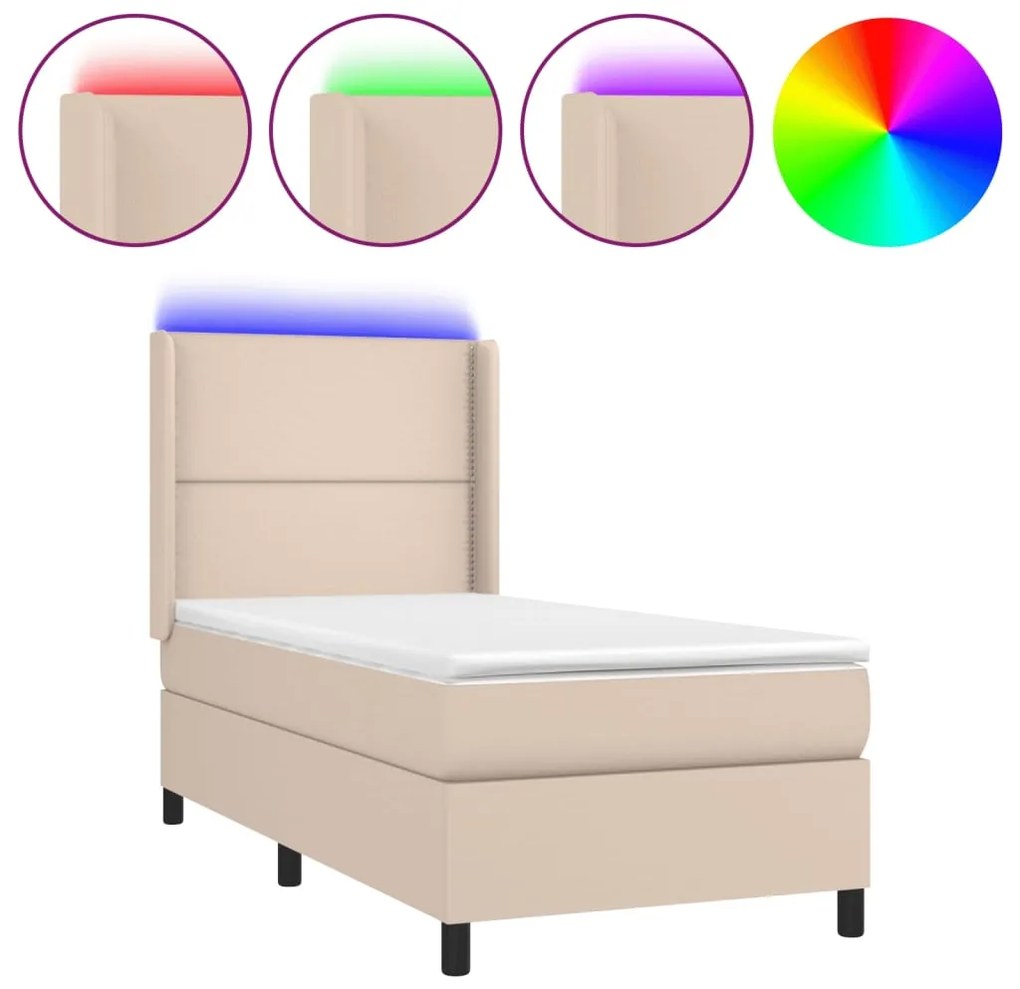 vidaXL Κρεβάτι Boxspring Στρώμα&LED Καπουτσίνο 90x200 εκ. Συνθ. Δέρμα