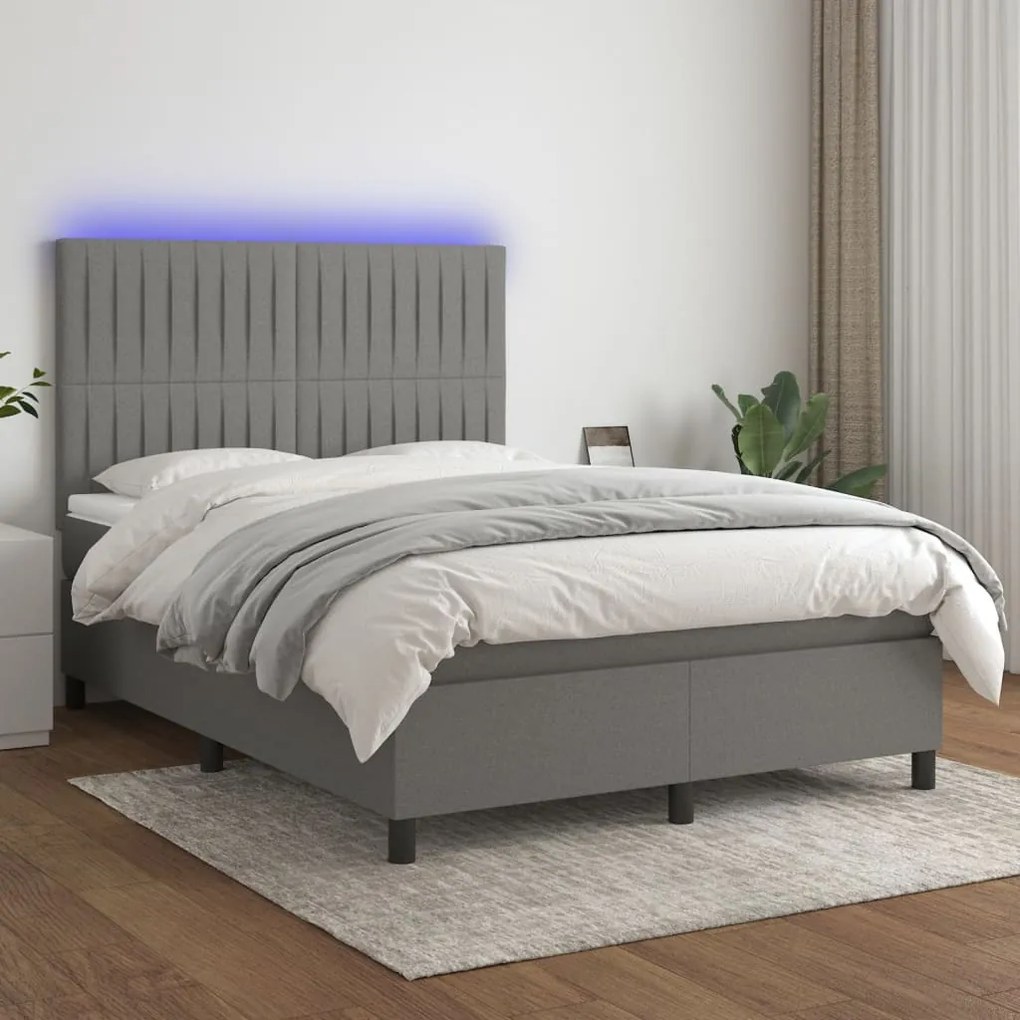 Κρεβάτι Boxspring με Στρώμα &amp; LED Σκ.Γκρι 140x200 εκ Υφασμάτινο