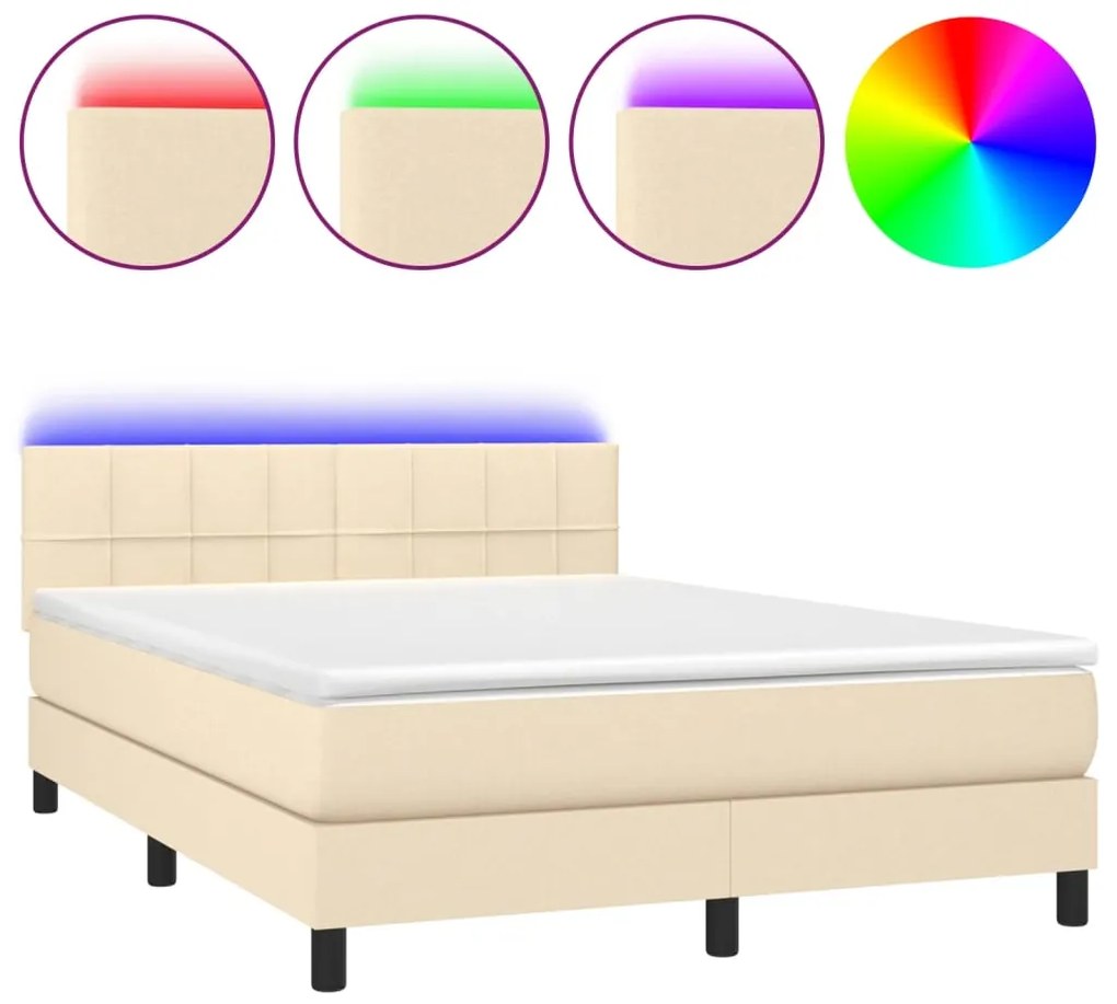 vidaXL Κρεβάτι Boxspring με Στρώμα & LED Κρεμ 140x190 εκ. Υφασμάτινο