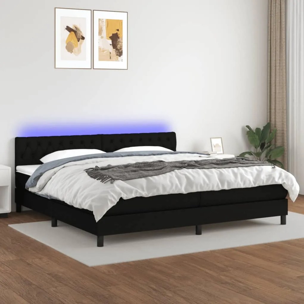 vidaXL Κρεβάτι Boxspring με Στρώμα & LED Μαύρο 200x200 εκ. Υφασμάτινο