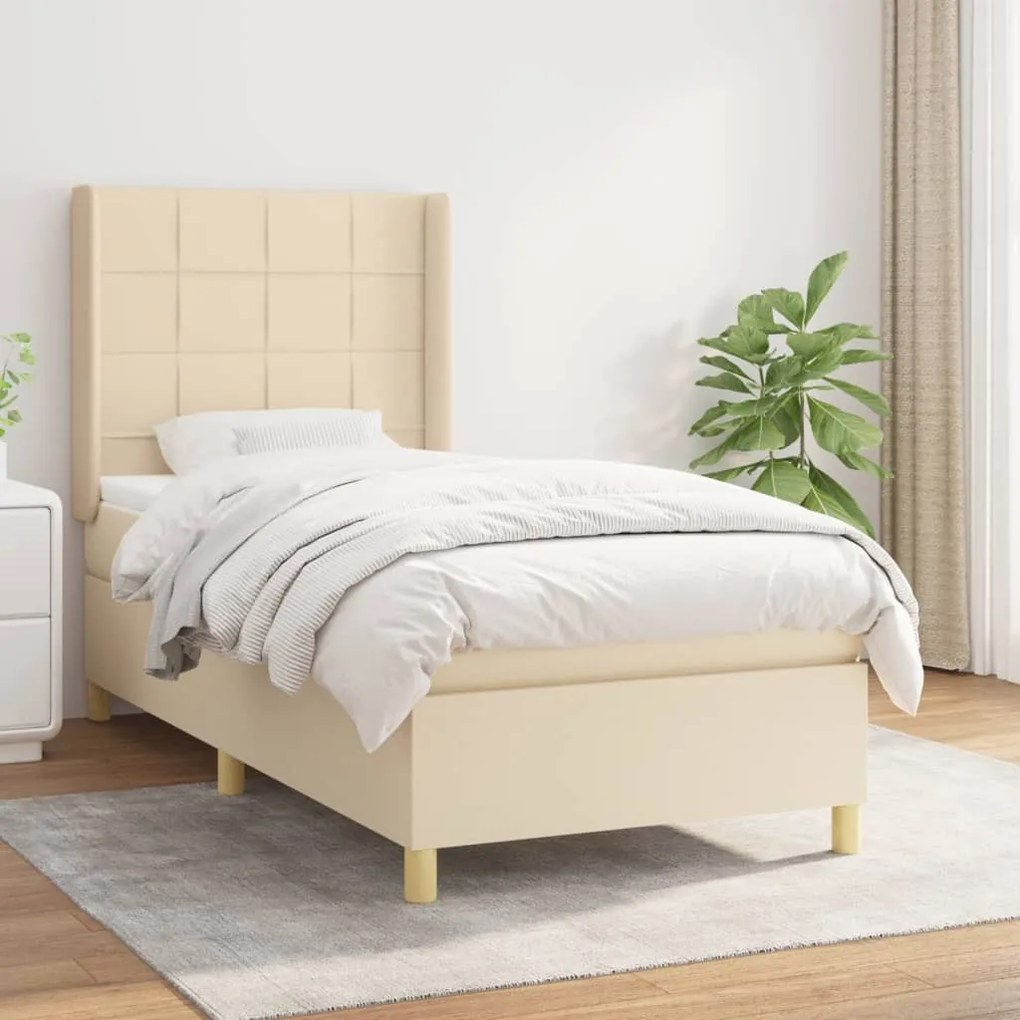 vidaXL Κρεβάτι Boxspring με Στρώμα Κρεμ 90x200 εκ.Υφασμάτινο