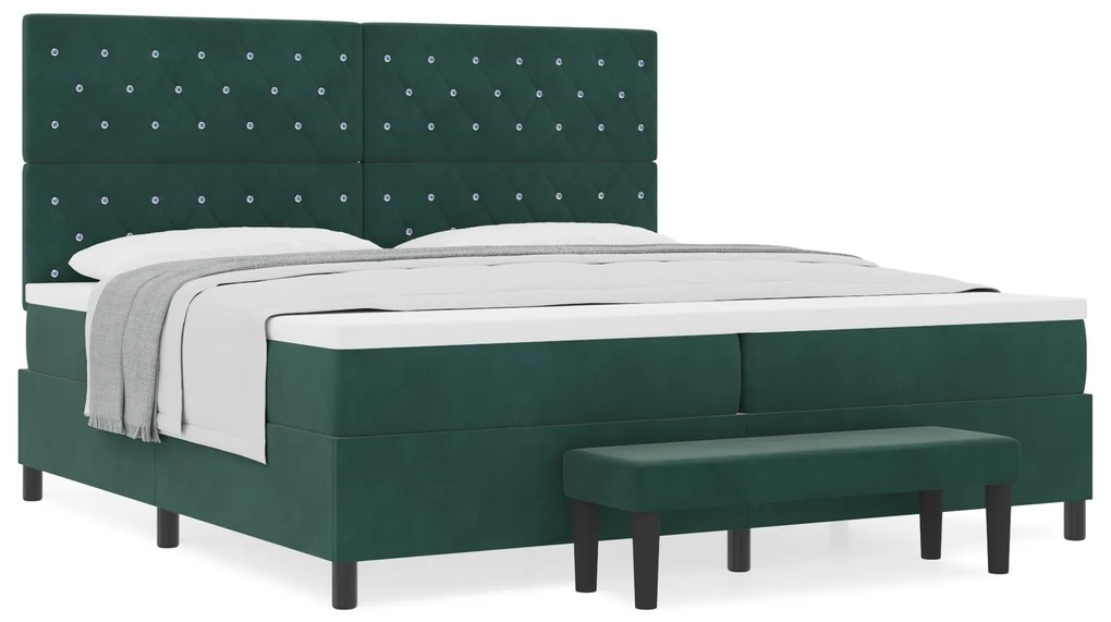 vidaXL Box Spring Κρεβάτι με Μαξιλάρι & Πάγκο Σκούρο Πράσινο 200x200 εκ Βελούδο