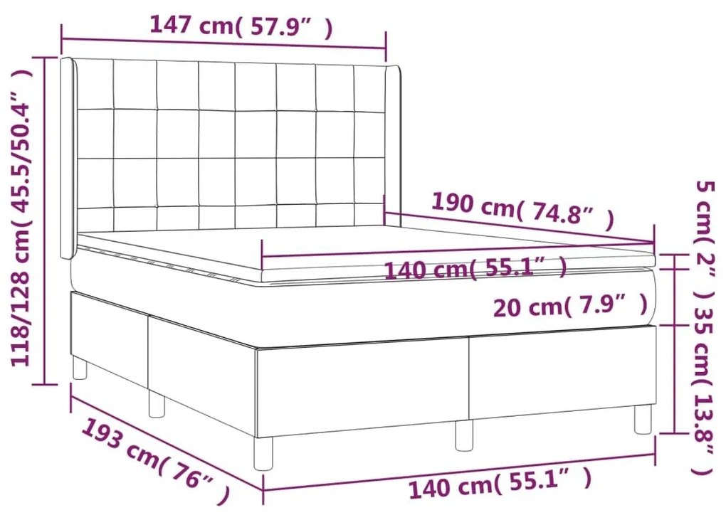 Κρεβάτι Boxspring με Στρώμα &amp; LED Κρεμ 140x190 εκ. Υφασμάτινο - Κρεμ