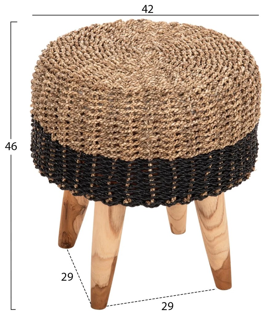 Σκαμπό BEAM απο Ξύλο TEAK και Seagrass σε Φυσικό και Μαύρο Φ43x45Yεκ. 43x43x45 εκ.