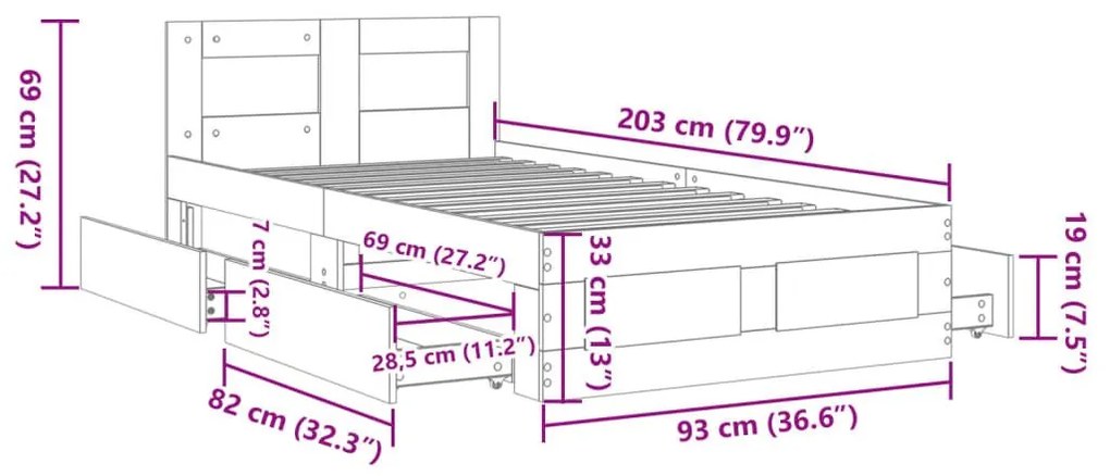 Πλαίσιο Κρεβατιού με Κεφαλάρι Sonoma Δρυς 90x200 εκ. Επεξ. Ξύλο - Καφέ