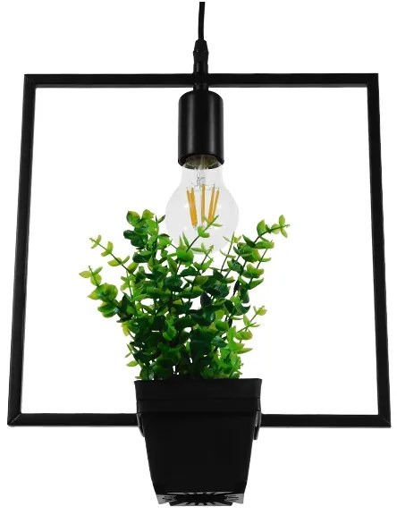 GloboStar FLOWERPOT 10001211 Μοντέρνο Κρεμαστό Φωτιστικό Οροφής Μονόφωτο 1 x E27 Μαύρο Μεταλλικό με Διακοσμητικό Φυτό Φ30 x Y30cm - 10001211