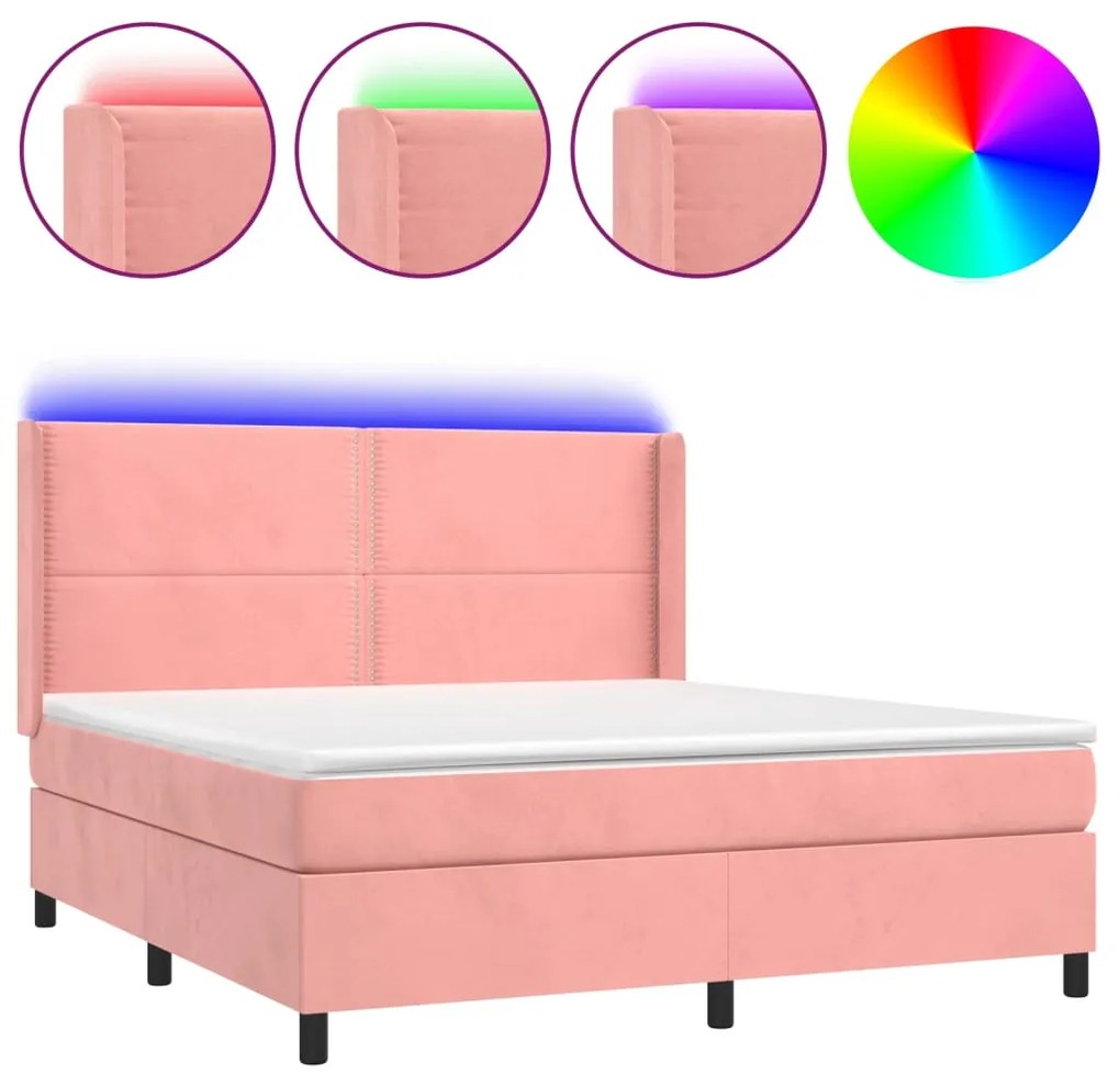 vidaXL Κρεβάτι Boxspring με Στρώμα &amp; LED Ροζ 180x200 εκ. Βελούδινο