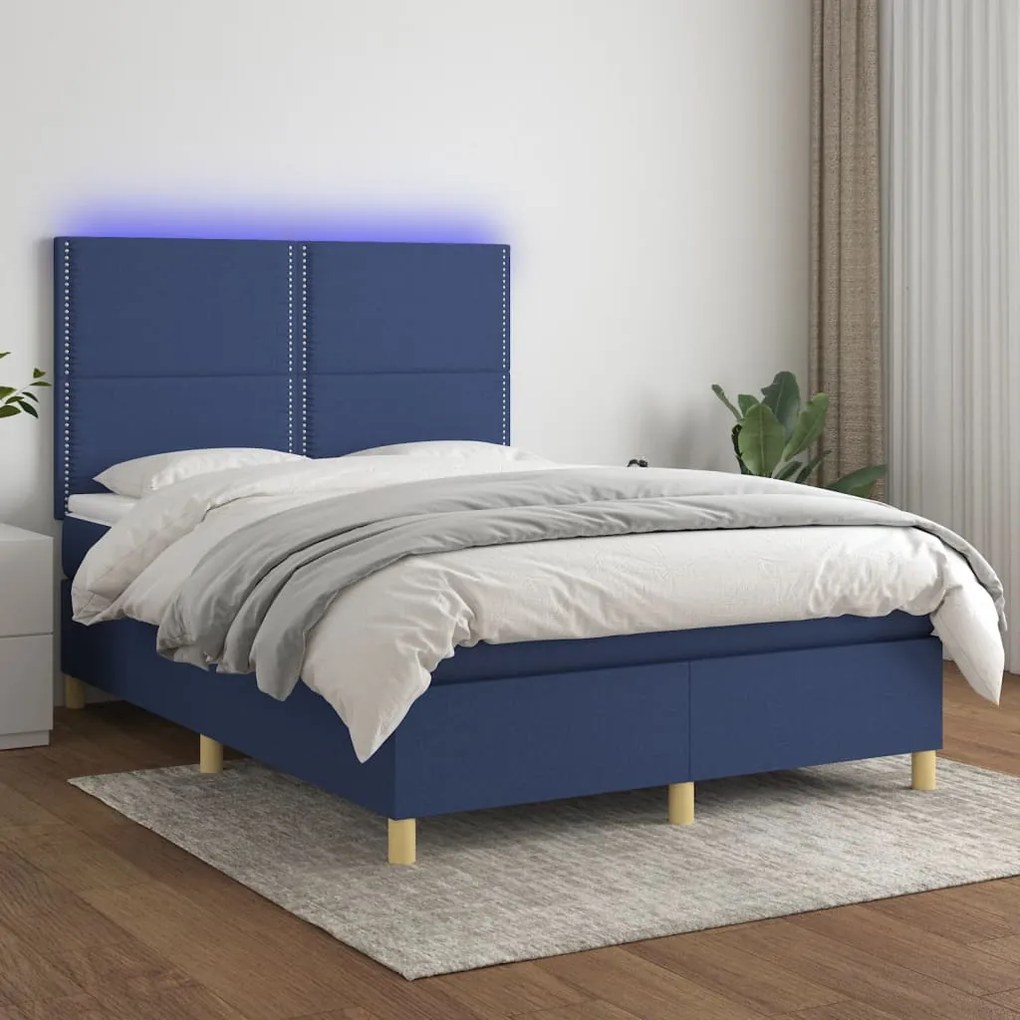 vidaXL Κρεβάτι Boxspring με Στρώμα &amp; LED Μπλε 140x200 εκ. Υφασμάτινο