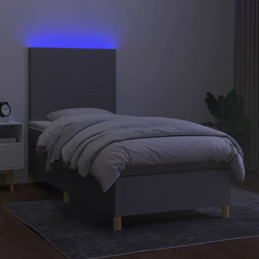 Κρεβάτι Boxspring με Στρώμα &amp; LED Αν.Γκρι 90x190 εκ. Υφασμάτινο - Γκρι