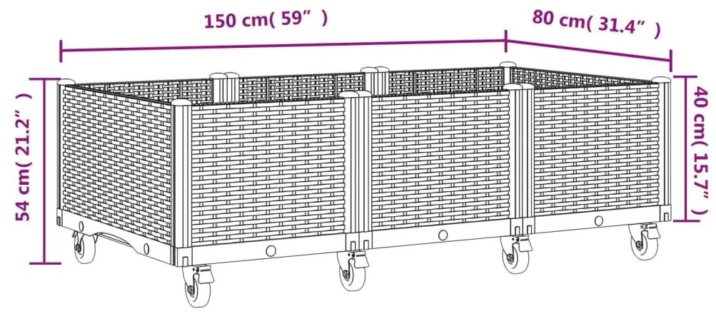 Ζαρντινιέρα Κήπου με Ροδάκια Λευκό 150x80x54εκ. Πολυπροπυλένιο - Λευκό