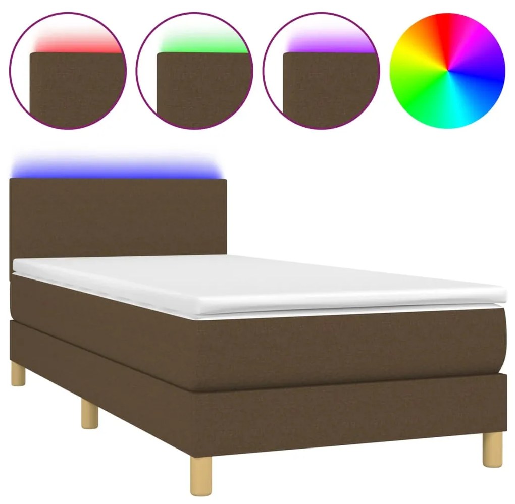 vidaXL Κρεβάτι Boxspring με Στρώμα & LED Σκ.Καφέ 90x190 εκ. Υφασμάτινο